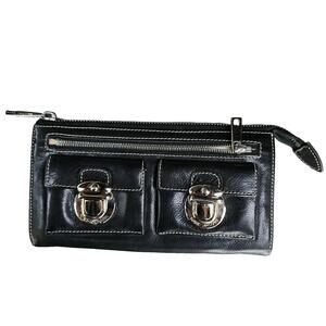Marc Jacobs Wallet Clutch Purse Black Leather Zip Silvertone Buckles Pockets